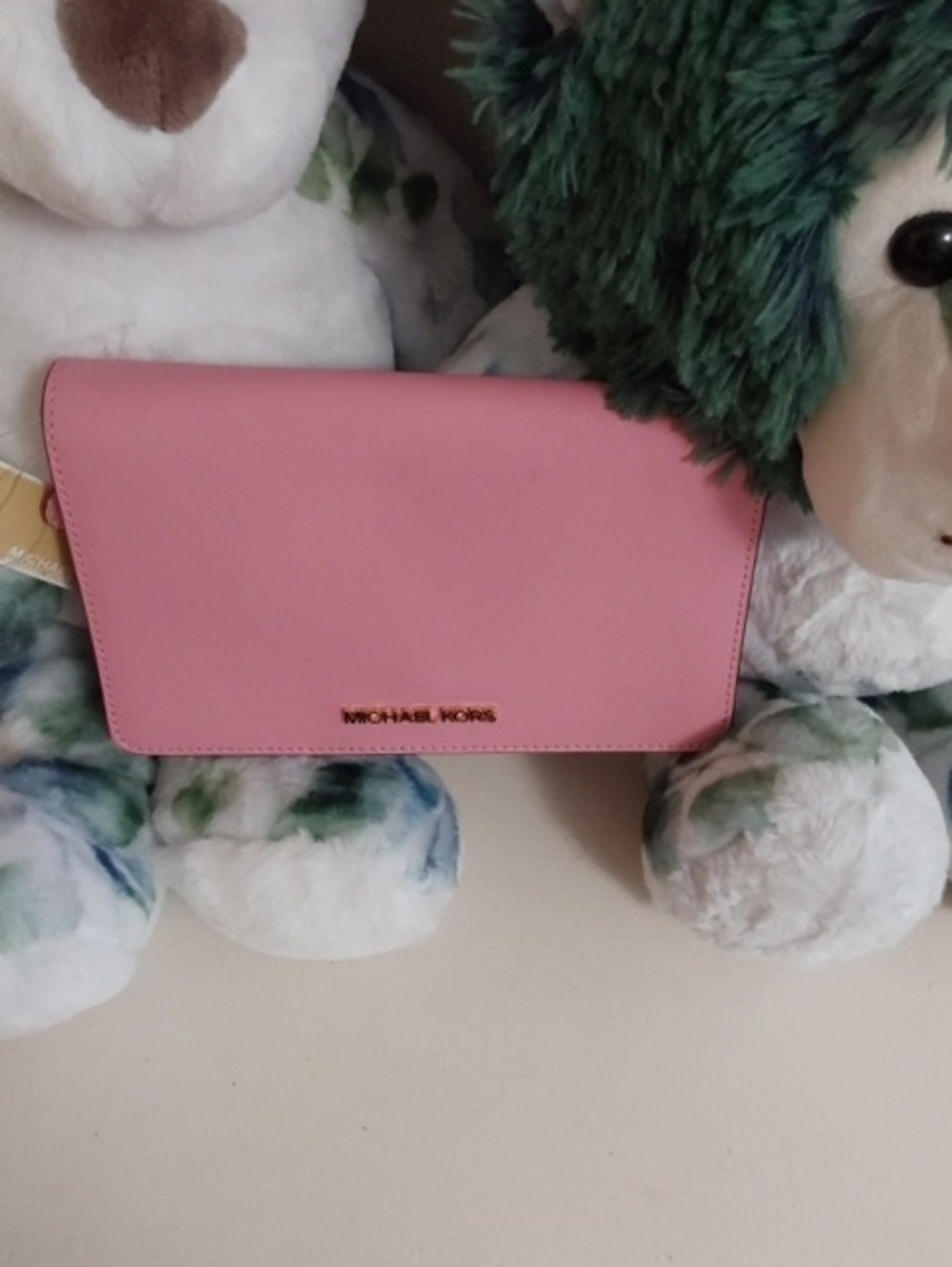 NWT Michael Kors Pink Leather Foldover Clutch with Gold Logo